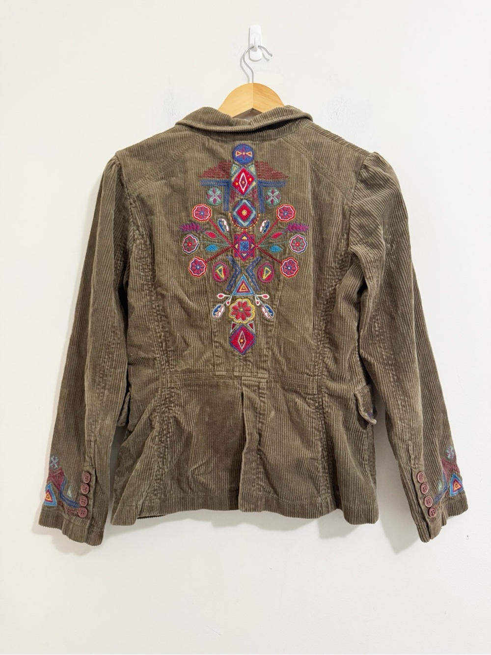 Johnny Was Embroidered Corduroy Blazer Jacket Olive Green Small